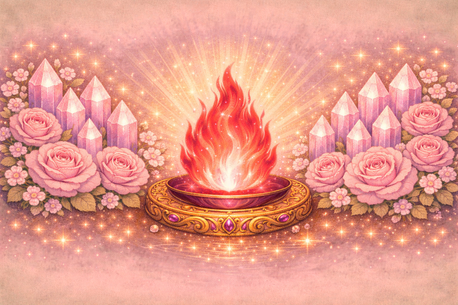 A radiant flame in a golden bowl, surrounded by rose quartz crystals and pink roses